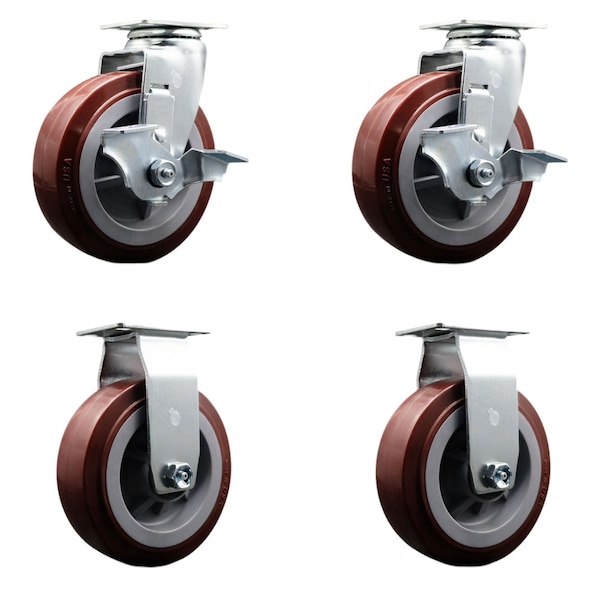 6 Inch Poly on Polyolefin Caster Set with Ball Bearings 2 Brakes 2 Rigid SCC